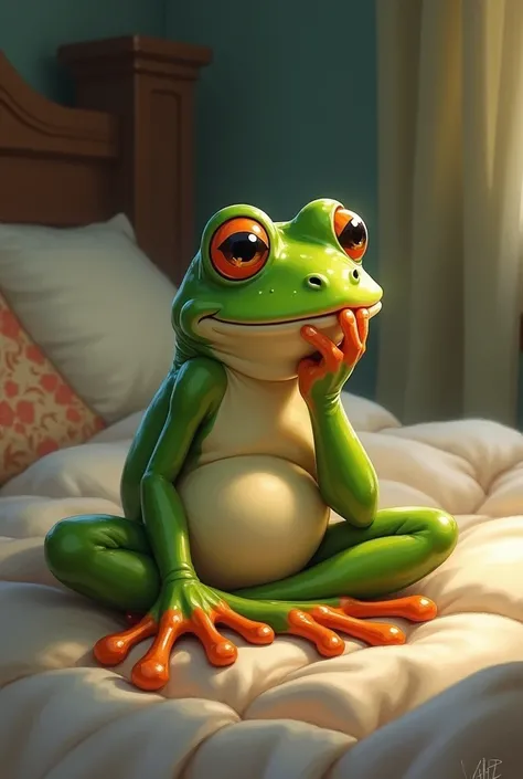 A frog sits on the bed and thinks