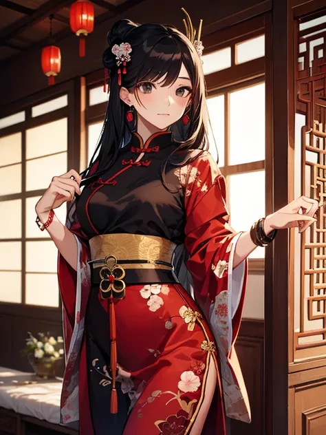 beautiful young man, long black hair, black eyes, male geisha, male courtesan, red clothes, slender-waisted, delicate figure, man dressed as woman, hairpins, light makeup, earrings, chinese style room, jade bracelet, chinese fan, dance.