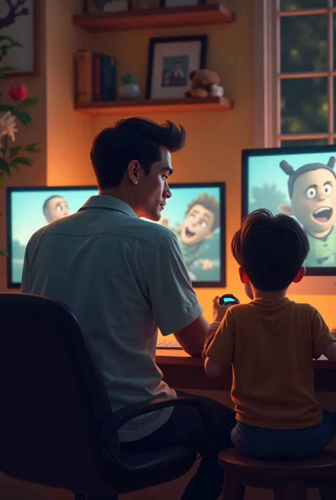 Image of a man with his back working on the computer while his  son plays video games 