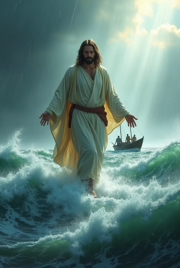 Generate the image of Jesus walking on top of the sea in the midst of a storm and a fishing boat in the background a lot of wind and rain 