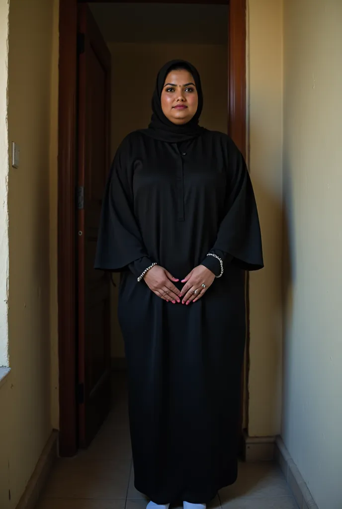 Indian ethinic facelook cute chubby pregnent fat muslim hijabi aunty of age 50 with huge big boobs wearing black hijab and white fully body stockings tight standing inside room near door with hands chained and locked