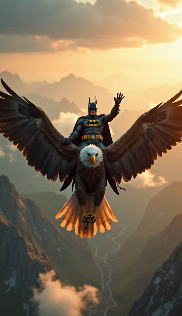 An ultra-realistic 4K image of a majestic eagle flying high above a vast valley filled with towering mountains and floating clouds. The eagle's feathers are intricately detailed, with its massive wings spread out in mid-flight. Astride the eagle is Batman,...