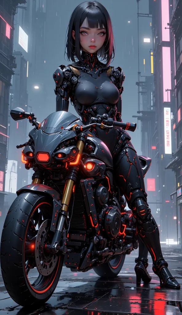 Solo, cyberpunk style woman,sexy face, seductive figure ,(riding a futuristic motorcycle, perfect anatomy), ((Advanced technology:1.2, Futuristic designed motorcycle:1.2, one motorcycle, Sleek and streamlined design, neon, lighting some parts),  (Transpare...