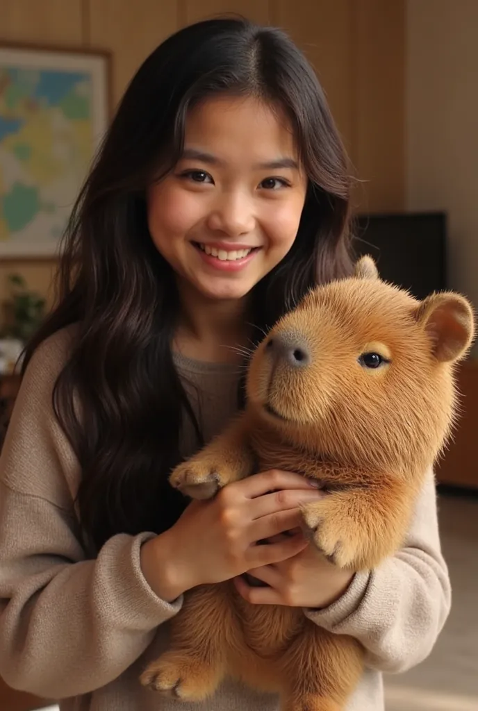 "A young woman with long dark hair, wearing a casual outfit, smiling warmly, holding a cute capybara plush toy, soft lighting, cozy indoor setting, detailed textures on the plush, vibrant colors, highly detailed, 4k resolution, realistic style"