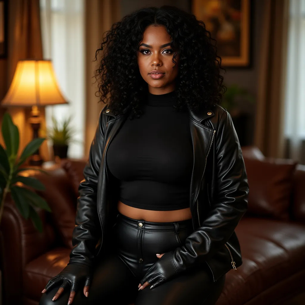 Realistic HDR noisy picture of a ebony girl who is a bit curvy, sexy, thin waist she smirks with subtle smile, pitch black tied curly hair with some hair on the front, black eyeshadow, she is wearing a long leather button up cardigan, cardigan has many but...