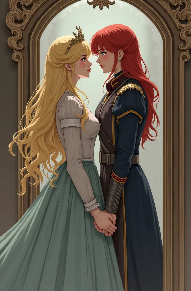 A blonde princess and a red head female soldier looking at each other sadly through a mirror in anime high quality