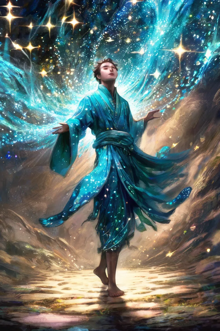 sebmckinnon style A fair-skinned adult man with short hair wearing cyan robes, standing in a mystical space filled with shimmering star-like lights representing various information. He appears to be naturally dancing with glowing particles floating gracefu...