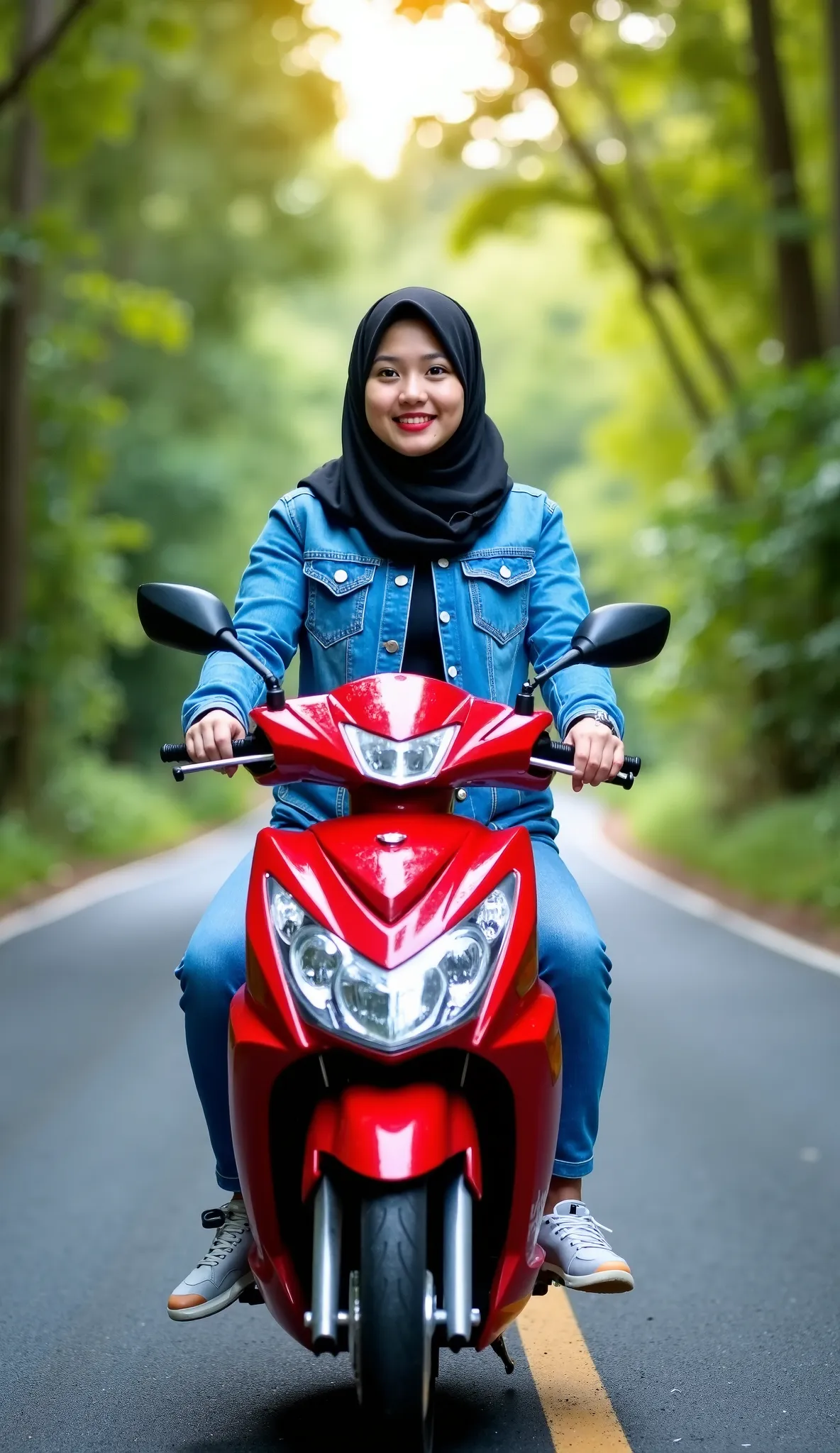 A 19-year-old young Indonesian woman in a hijab, wearing a blue denim jacket and jeans, sits on a red Yamaha "NMAX "automatic motorbike on a winding road surrounded by green trees. . The background is a forest with sunlight filtering through the leaves, cr...