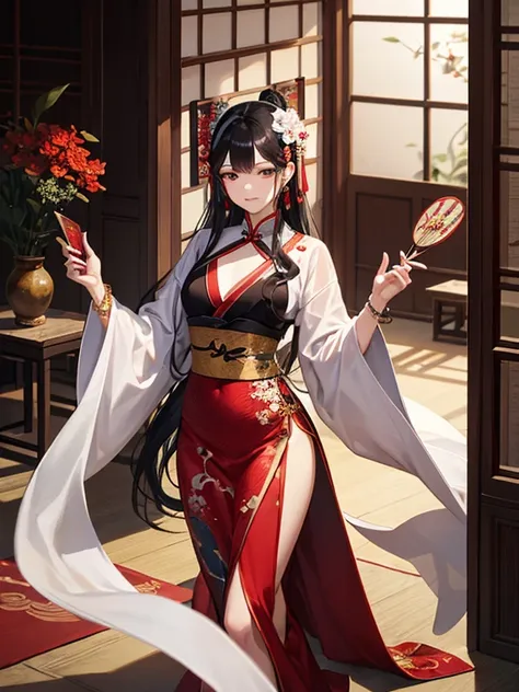 beautiful young man, long black hair, black eyes, male geisha, male courtesan, red clothes, slender-waisted, delicate figure, man dressed as woman, hairpins, light makeup, earrings, chinese style room, jade bracelet, chinese fan, dance.