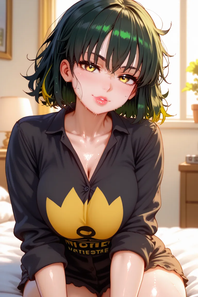 Fate style,sexy anime Girl, Loli anime Girl, Long Messy hair, dark green hair with yellow streaks, yellow eyes, seductive evil face, , Massive Big boobs, Massive Big ass, black pajamas clothes, curvilinea, sweaty, sexy pose, (best quality,4k,8k,highres,mas...