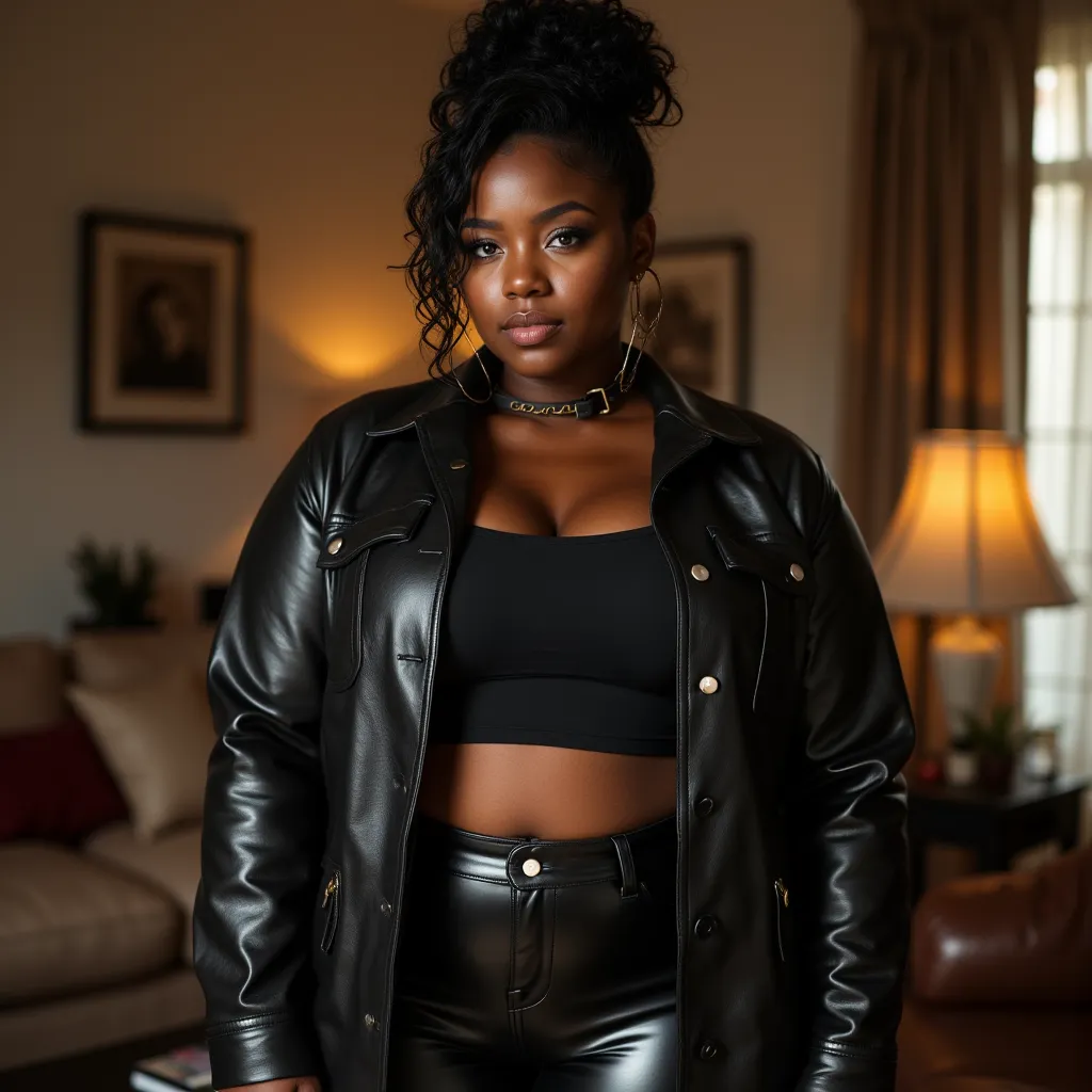 Realistic HDR noisy picture of a ebony girl who is curvy, she smirks with subtle smile, pitch black tied curly hair with some hair on the front, black eyeshadow, she is wearing a long leather button up cardigan, cardigan has many buttons, leather leggings ...