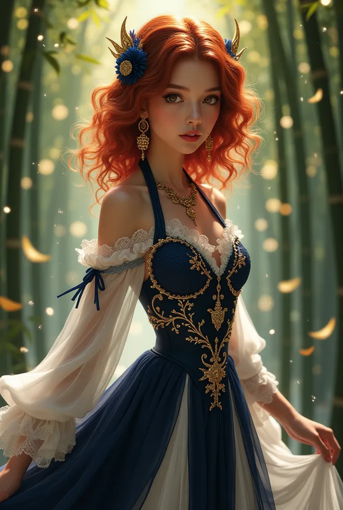 details A young woman of enchanting beauty wears a stunning black and white fantasy inspired dress, decorated with oriental details, navy blue and gold details .  Her curly hair  (type 3A) in a vibrant shade of red fall in soft waves around her dark face, ...