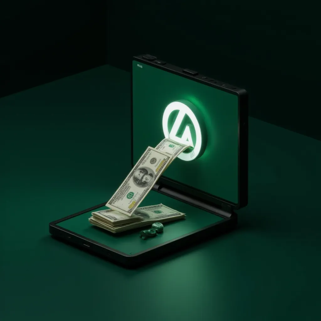 A sleek and modern computer or smartphone screen with a beautifully designed logo or branding on it. From the screen, money bills (in stacks) are flowing out, symbolizing financial return. The overall mood should convey a sense of growth and success. The l...