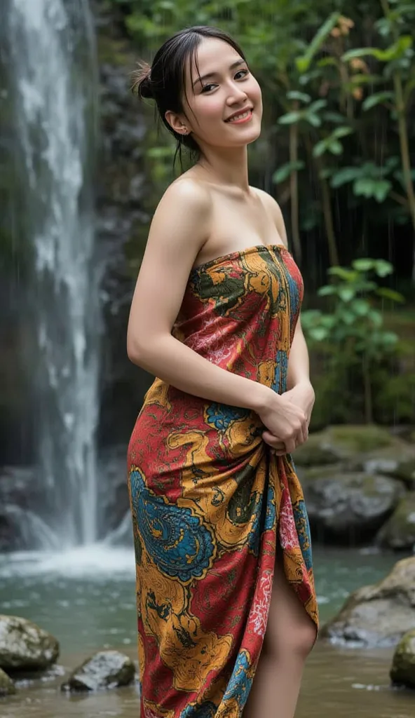 Realistic photo Of A chubby and fat indonesian woman,  visible to the feet , curvaceous body, using wet batik sarong red dark blue yellow green , face facing the camera.  Elegant elegant style elegant aesthetic . sexy butt, big ass and hips, Good Detail . ...