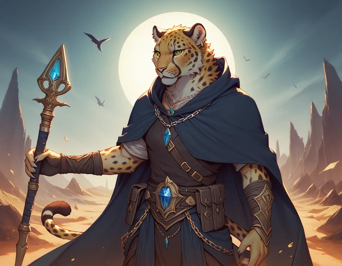 anime, female, girl, fully clothed, assassin, solo, lean, anthro, cheetah, golden-yellow fur is adorned with dark, inky spots, slender tail, eyes are a piercing emerald green, dark, form-fitting clothing, deep hooded cloak of midnight blue, lined with silv...