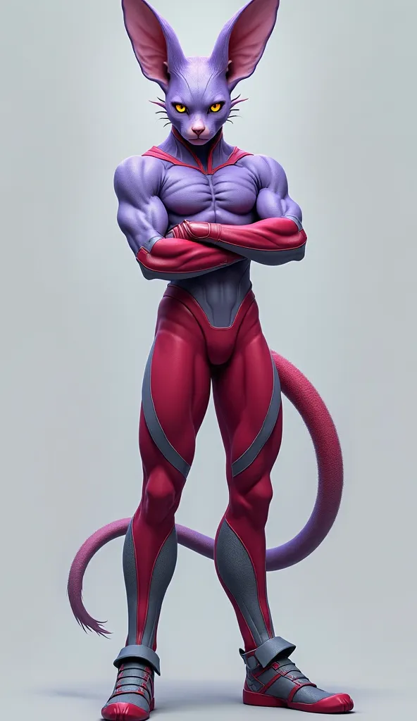 Create a hyper-realistic digital painting of a tall, sleek, and agile humanoid warrior with distinct feline and rabbit-like features. The figure has a lean, muscular build, covered in smooth, short pastel violet-hued fur. His sharp, turmeric eyes gleam wit...