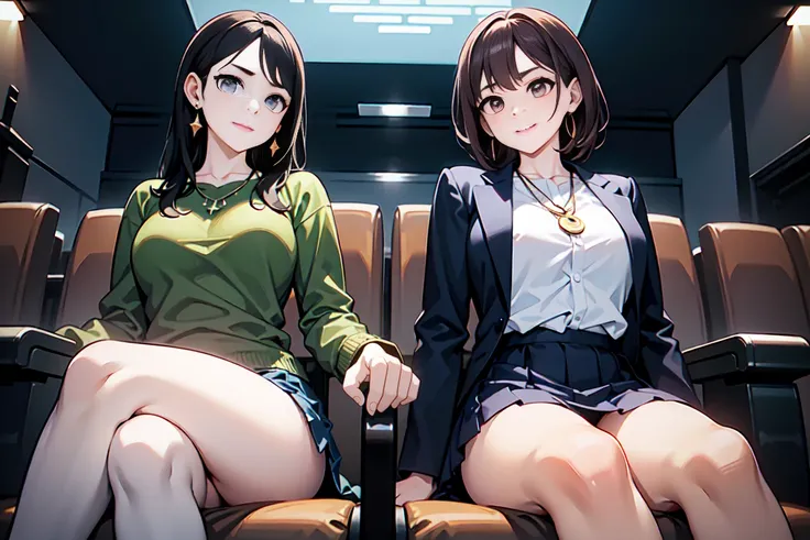 Dark movie theater、 Darkness、No windows,two women watching a movie in the seat next to each other,movie screens,  not looking at the camera  ,sitting on a movie theater chair, Composition viewed from below,  Woman on the right   :movie screensを見る、Compositi...