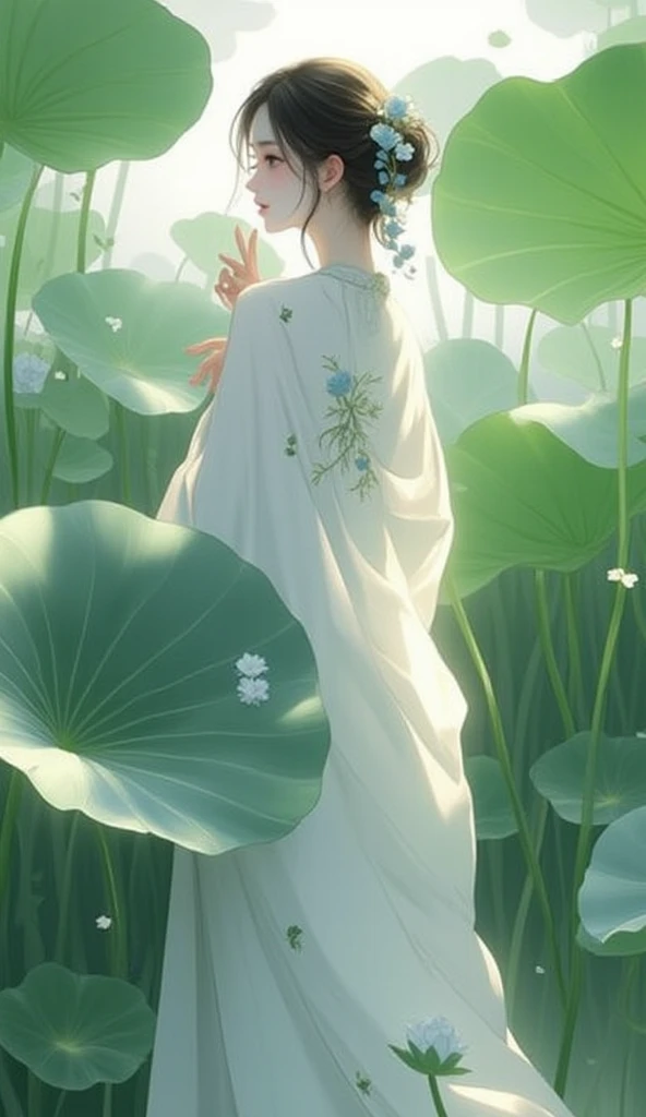  a painting or illustration, characterized by its artistic and stylized depiction of a woman standing amidst large green lotus leaves. The woman is dressed in a flowing white robe adorned with delicate floral patterns, and she holds a lotus flower. The bac...