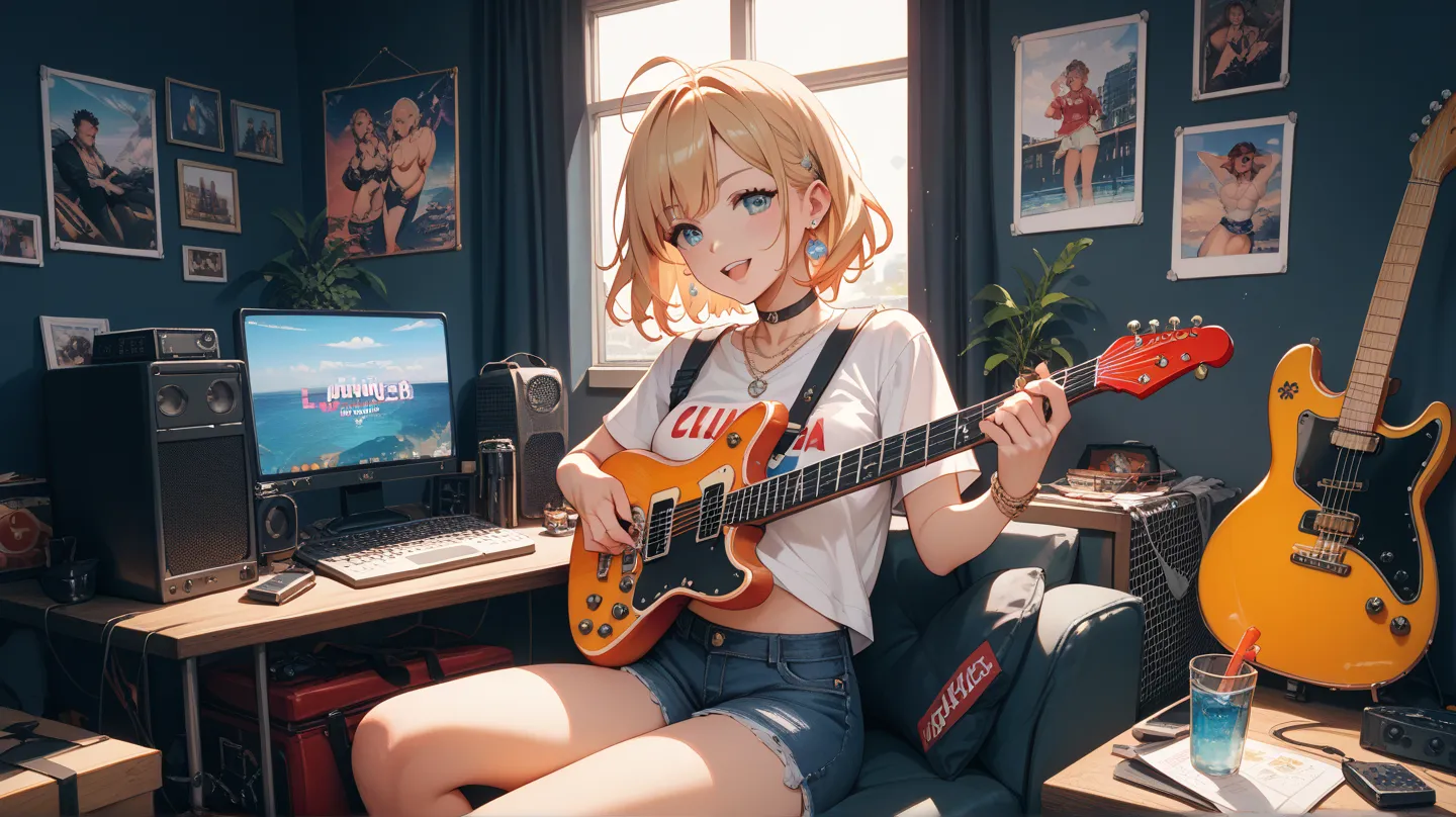 A girl playing an electric guitar and live streaming it on social media using a computer