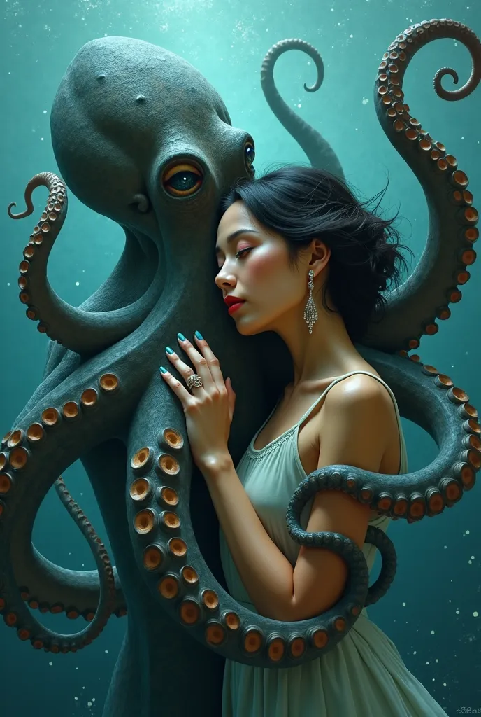 woman with brown skin being hugged by an octopus 