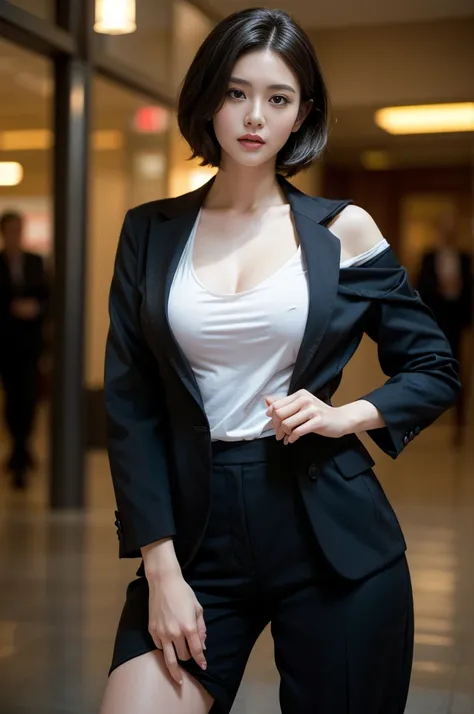 (masterpiece:1.2, best quality), realistic, (live-action, complex details, depth of writing，High-necked clothing),Very Short Hair、 Open your lips, very detailed, perfect faces, perfect body、, Large-scale models,business suit、
mature woman, is tall, long le...