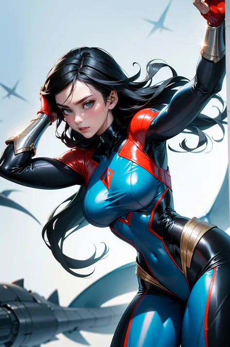 "Design a shark-inspired outfit with a combination of sleek, high-tech armor and vibrant colors inspired by Wonder Woman’s iconic suit. The outfit should have a rich red and gold color scheme, with shimmering golden accents along the chest, shoulders, and ...