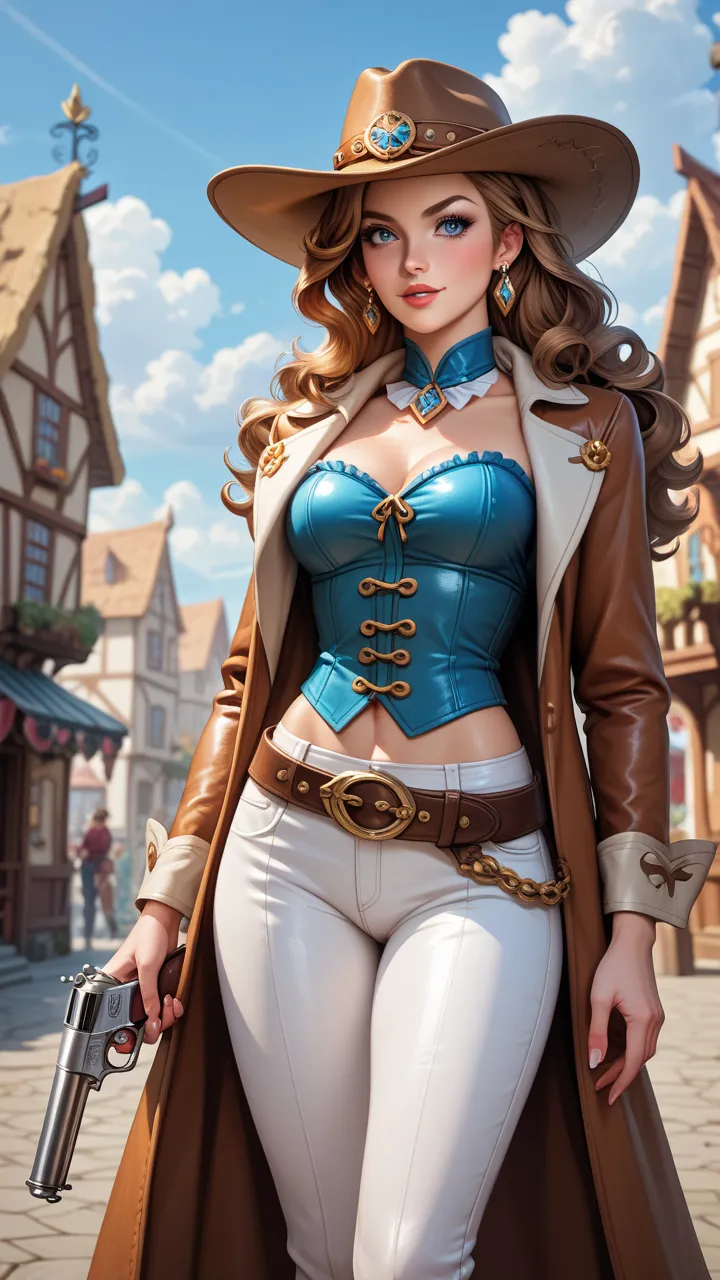 
Belle, reimagined as a seductive yet fierce cowgirl in the Wild West, stands confidently in a dusty frontier town at sunset. She wears a revealing, form-fitting leather corset with intricate western embroidery, paired with low-rise, tight-fitting chaps ov...