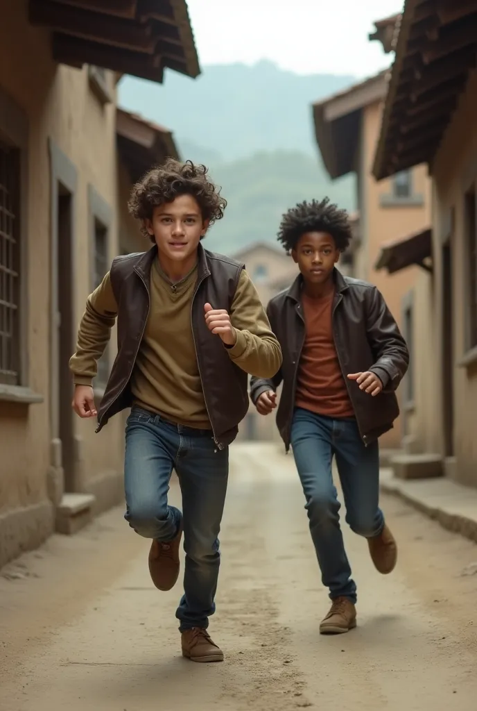 Make an image of two 18-year-old boys in casual clothes, they look like one is dark-skinned, The two of them are running with determination. The houses on the street have a traditional architecture with wooden frames and small windows, at what suggests a h...