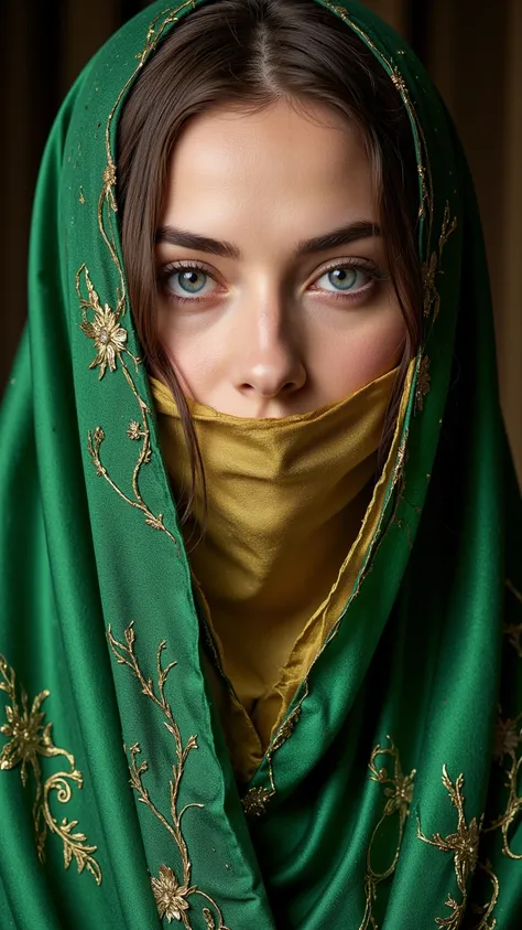 18 years old, perfect face, beautiful woman, slim, athletic, blue eyes, green satin veil covering hair and head, (golden veil covering nose and lower half of face:1.5). eyes are accentuated with dark eye makeup, giving them an intense, mysterious, or rebel...