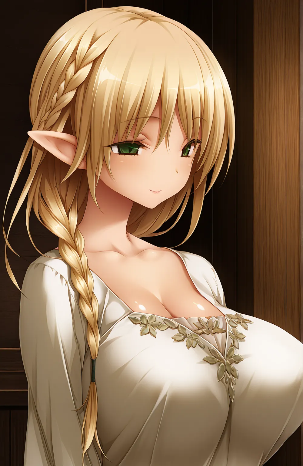 a girl,Alone ,MM,mature woman,blond hair,long hair, braid, green eyes ,pointed ears,elf,Big breasts,shiny skin,
dress, cropped neckline , upper body, looking at the spectator,  smile,indoors, 
,masterpiece,the best quality,amazing quality,