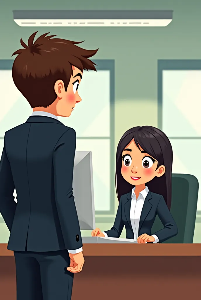 Animated cartoon of a boy with brown hair and business suits standing in front of a desk with a serious expression. He talks to a black-haired girl behind an office desk. Both talk and the girl tries to explain a topic