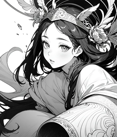 (contour ),  Comic  ,   monochrome  , Illustration , 1girl, Masterpiece, basin curtain, super detail, eyes, detailed lips, detailed face,  long eyelashes , elegant posture, Brilliant city, dynamic perspective, những contour đậm, shiny , intricate patterns,...