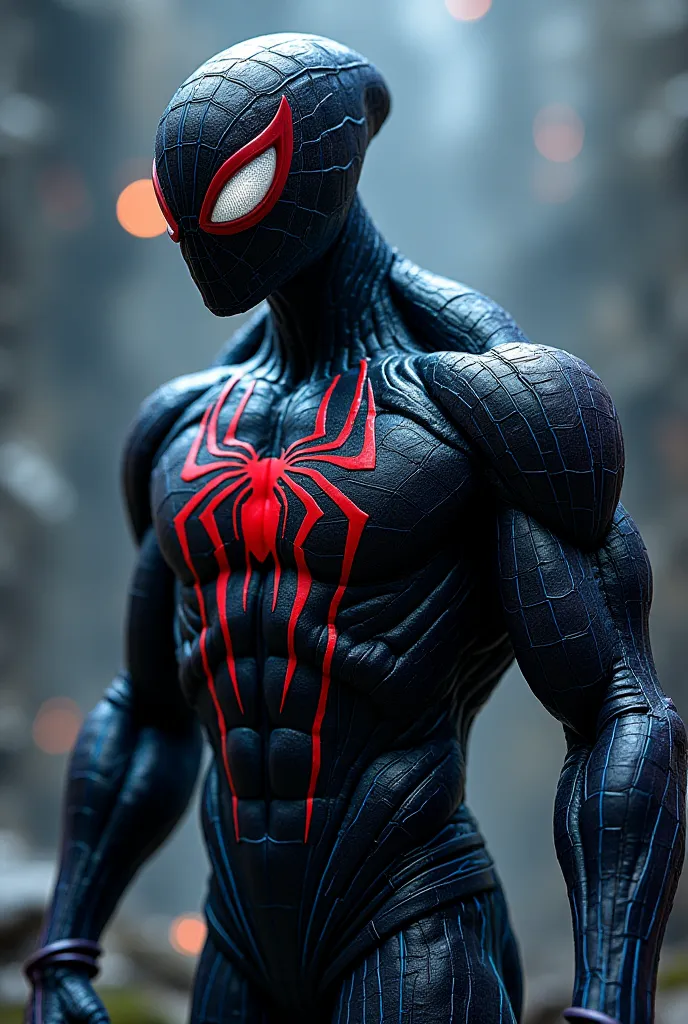 Anime symbiote black with blue gray veins marked and muscular physique with the symbol of a red spider on the chest Marvel 