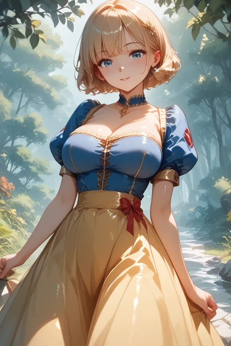 Big Breasts、tsukishiroluna、anime、top quality、4K、8k、snow white、Cutting seat、apple、forest、blue dress, puffy short sleeves, yellow skirt,,、shiny skin