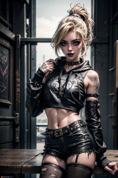 lora_Emma, jinx,1 girl, blond hair, ponytail, very skinny, punk, small breast, leaning against wooden table, streetwear style, (leather micro hotpants), two decorated belts, ((black satin hoodie)), (torn pantyhose), plastic headband, (satin lower arm sleev...