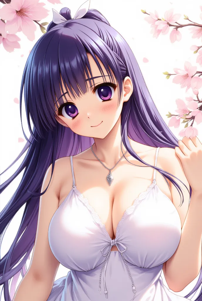 masterpiece, top quality,purple hair,white hair ribbon,long hair,look straight here,Open your mouth a little,smile,big breasts, girl,One person,pretty girl,white dress,cherry blossoms are blooming