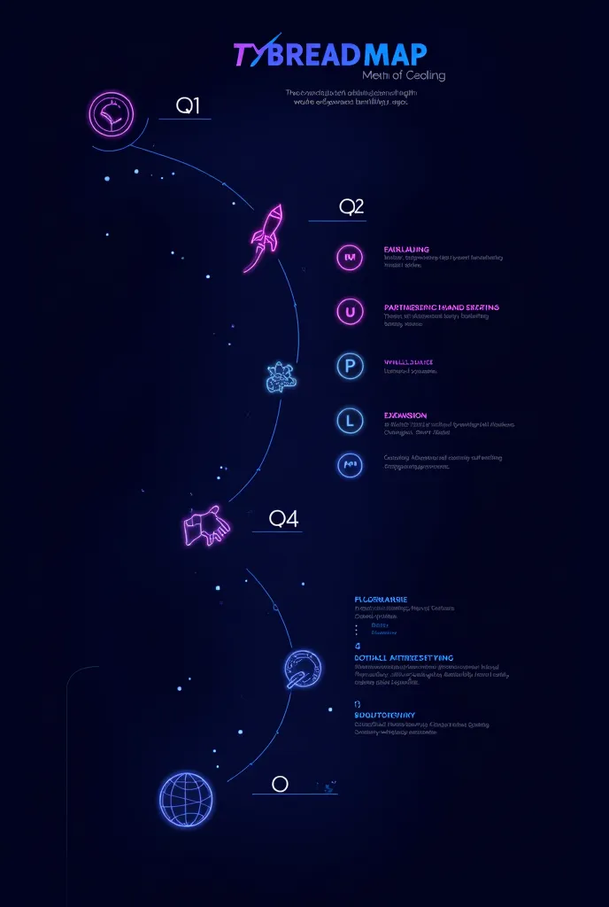 
"A futuristic and sleek roadmap for a cryptocurrency project, featuring four quarters (Q1, Q2, Q3, Q4) in a modern, cyberpunk style. Each quarter should have its own distinct section, with icons representing key activities like launch (rocket), marketing ...