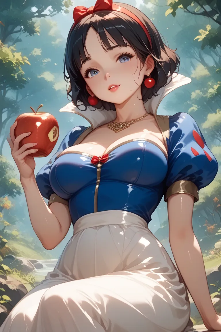 Big Breasts、tsukishiroluna、anime、top quality、4K、8k、snow white、、 has apples、forest、snow white, shiny skin