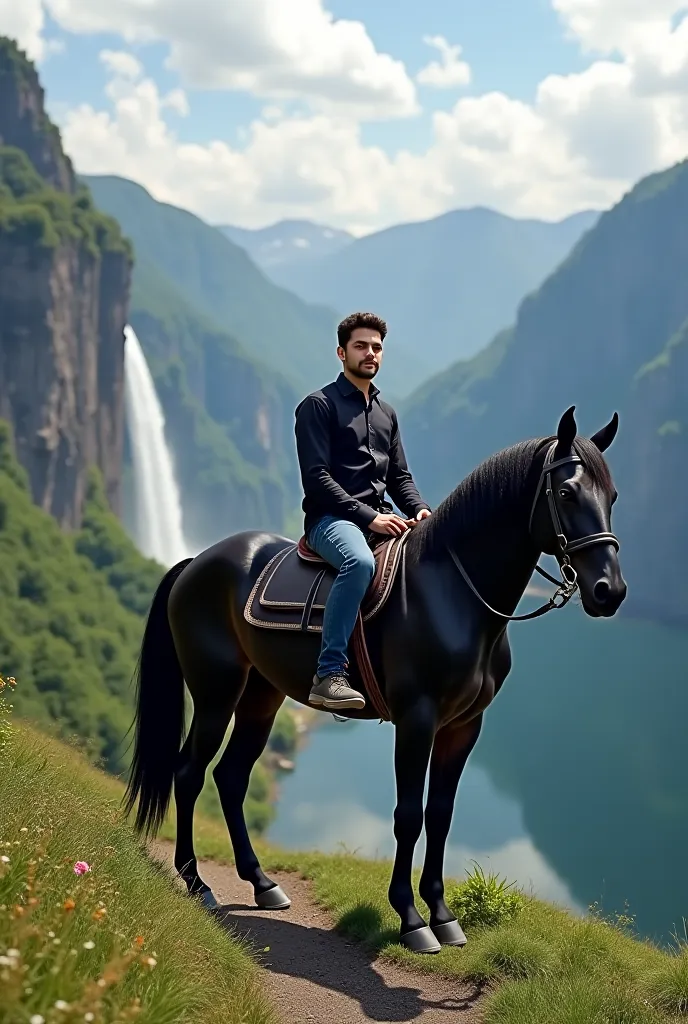 
I am boy age 23 year , jeans and shirt colour is black 
make me video in beautiful mountain waterfall  "I want to create a video using AI tools featuring a black horse. The scene should include a waterfall, greenery, and mountains in the background. Addit...