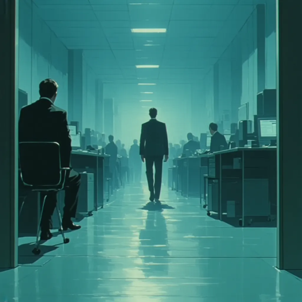 DVD screenshot /screengrab(vintage), ultra realistic photo (high definition), 1970/90s/1999(anime) The individual , an 'innie' within Lumon Industries, enters the Macrodata Refinement department for another day of work. The oppressive atmosphere of the lab...