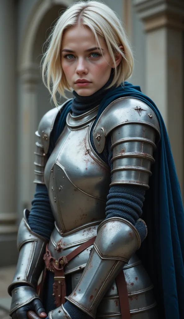 High resolution, masterpiece, photorealistic, a full armored 17-year-old female knight with blue eyes, blonde short hair, indomitable look wearing shiny medieval armour with blue cape and brandishing a sword, smiling with significantly malicious and ruthle...