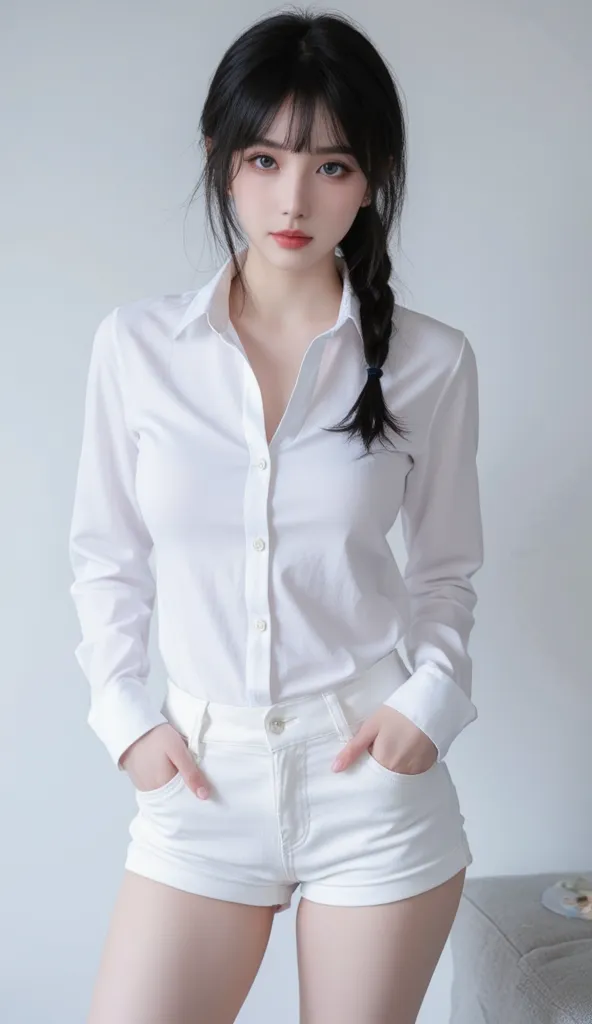 a young woman with black hair and blue eyes, wearing a white shirt and shorts, in the style of light blue and white, dark blue and white, japanes anime, blue eyes, long hair, black hair, shirt, white shirt, pants, bangs, collarbone, long sleeves, closed mo...