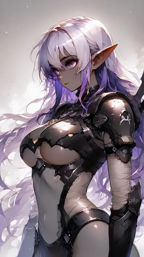 A female dark elf with dark gray skin and long purple hair with white tips, wearing doom armor, , ultra detailed, absolutely resolution, masterpiece. 
extremely delicate depiction, extremely clear image, bold and dynamic, contrasts of light and shadow, 2.5...