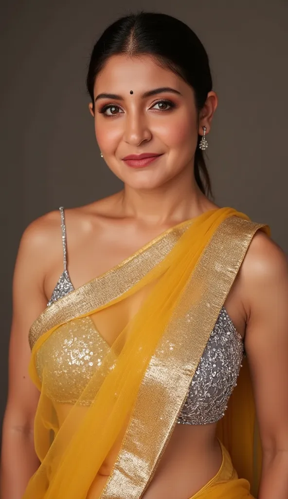 Generate a ultra realistic close up front image of a woman in a golden transparent sleeveless saree. She is wearing a silver shimmering blouse with mirror sequins. It has no sleeves, has a silver satin finish with spaghetti straps. She is wearing lipstick,...