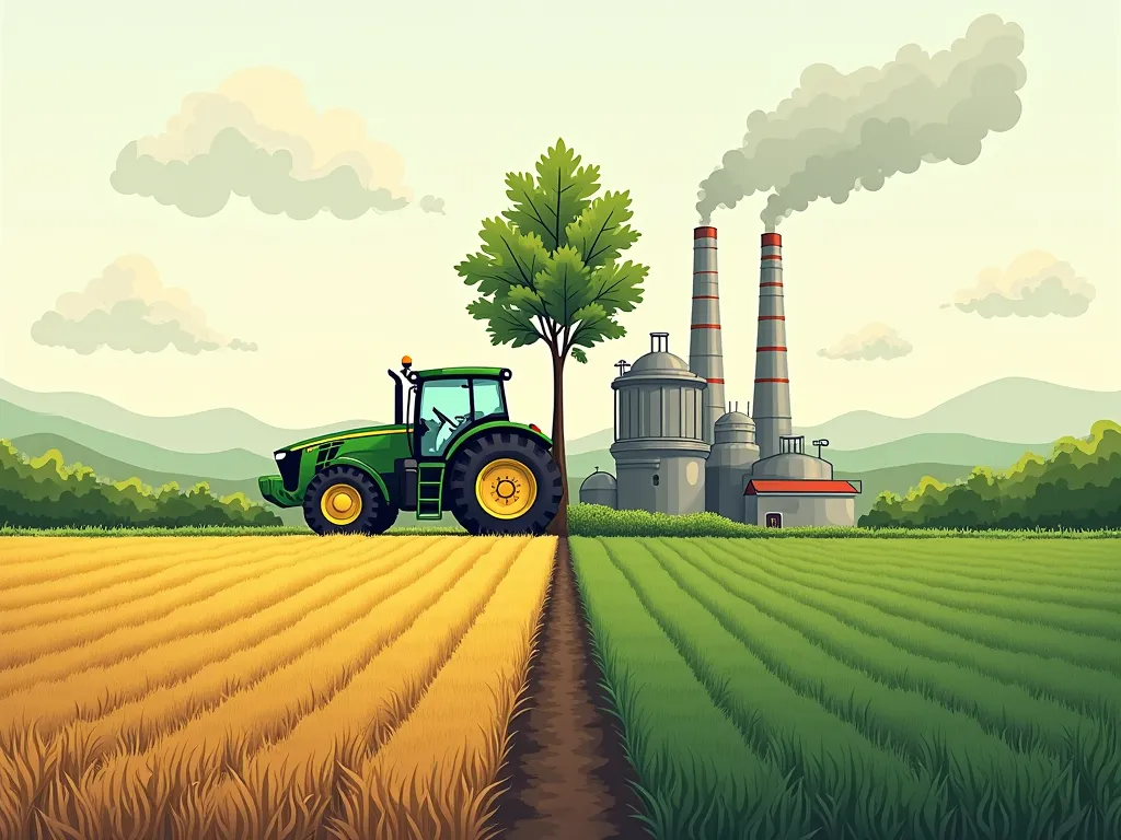 Make a divided image in which on one side there is the "field" manual agriculture, which represents sustainability and, on the other hand, "INDUSTRY" What represents the opposite, Make an image that's simple to copy , without much detail, Extremely easy to...