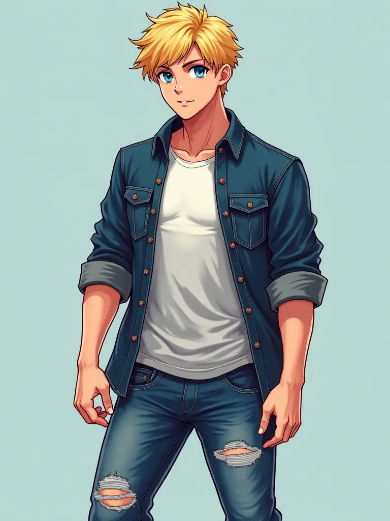  Adult man, blue eyes, short blonde hair, get rid of a toned body,  dressed in a t-shirt , lumberjack shirt and distressed blue jeans with rips, guapo sexy, full body foot skirt, looking at the spectator,  anime style full hd 