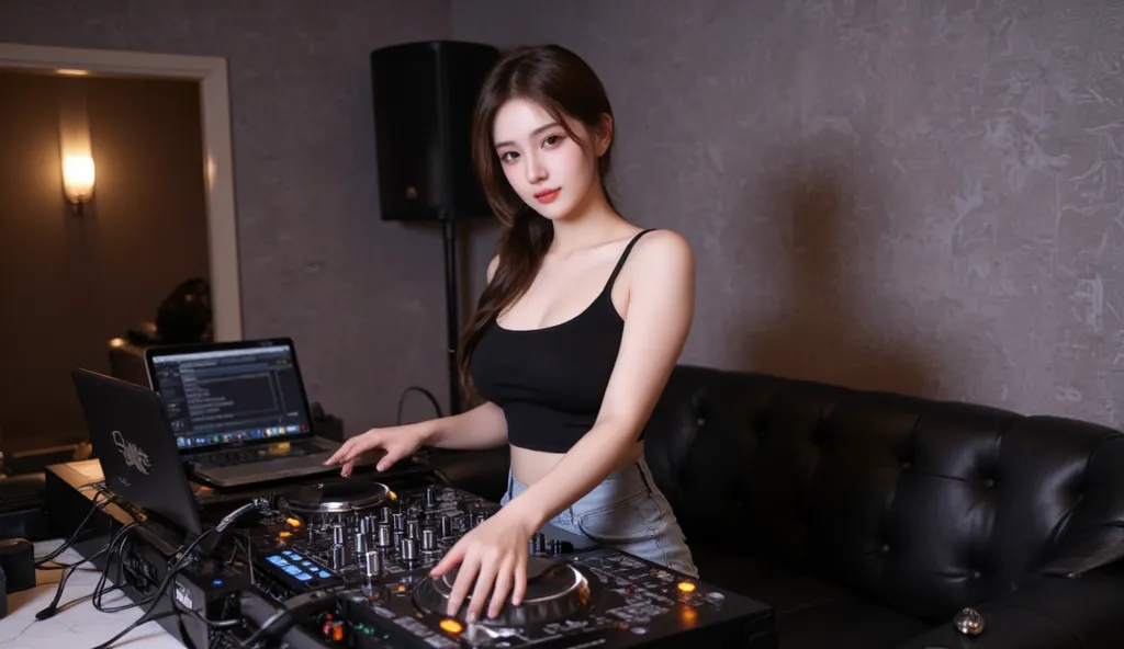 An Asian woman with her hair in a ponytail, wearing sexy casual clothes and a sexy body that shows off her big, full breasts but still looks modest, she is a DJ and give me her picture complete with her DJ equipment