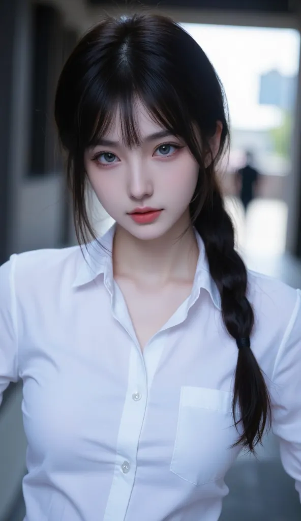 a young woman with black hair and blue eyes, wearing a white shirt and shorts, in the style of light blue and white, dark blue and white, japanes anime, blue eyes, long hair, black hair, shirt, white shirt, pants, bangs, collarbone, long sleeves, closed mo...