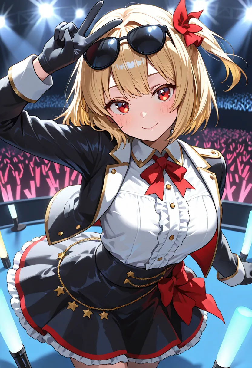 masterpiece, best quality, amazing quality, 8K, very aesthetic, high resolution, absurdres, 1girl, , idol, solo, ,burnicewhite,blonde hair,red eyes,twintails,hair ornamet,black skirt,black gloves,open jacket,sunglasses,short hair, smile, glowstick, frills,...