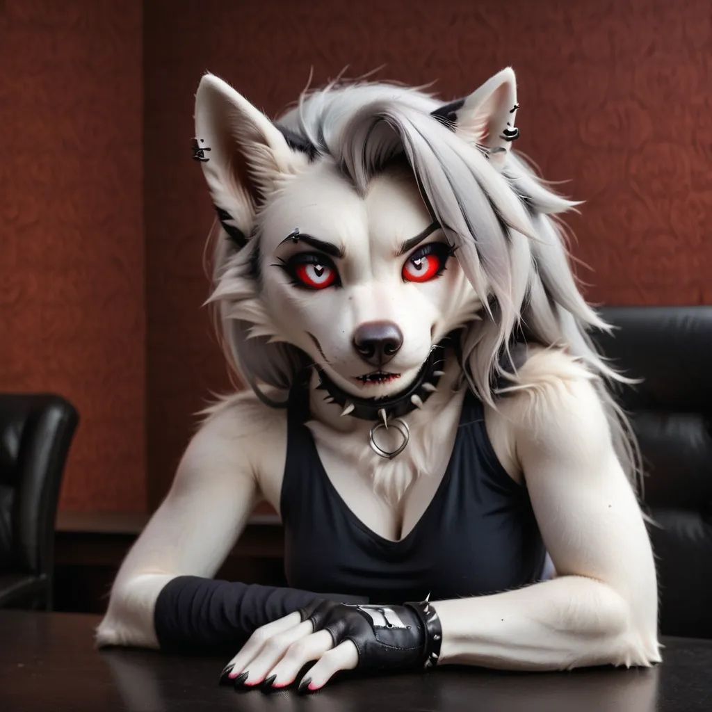 masterpiece, best quality, amazing quality, realistic, girl, Loona, furry female, white fur, goth, goth girl, colored sclera, red sclera, white pupil, animal ears, red eyes, fingerless gloves, piercing, collar, sexy pose, seductive look, biting lip, nightc...